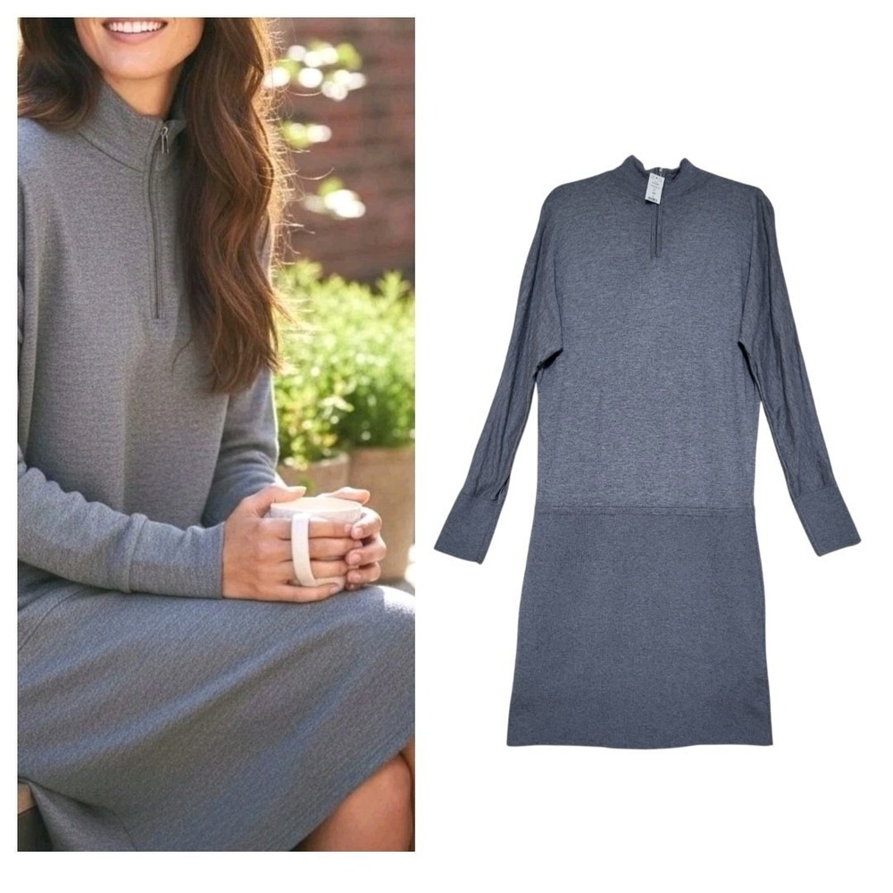 WHBM Gray Mock Neck Blouson Banded‎ Skirt Chemise Dress Womens Size L NEW - Knit